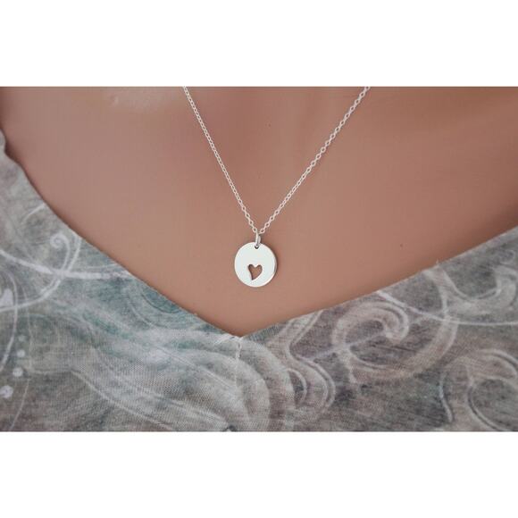 Sterling Silver Disk with One Heart Cutout Charm Necklace - Picture 1 of 3